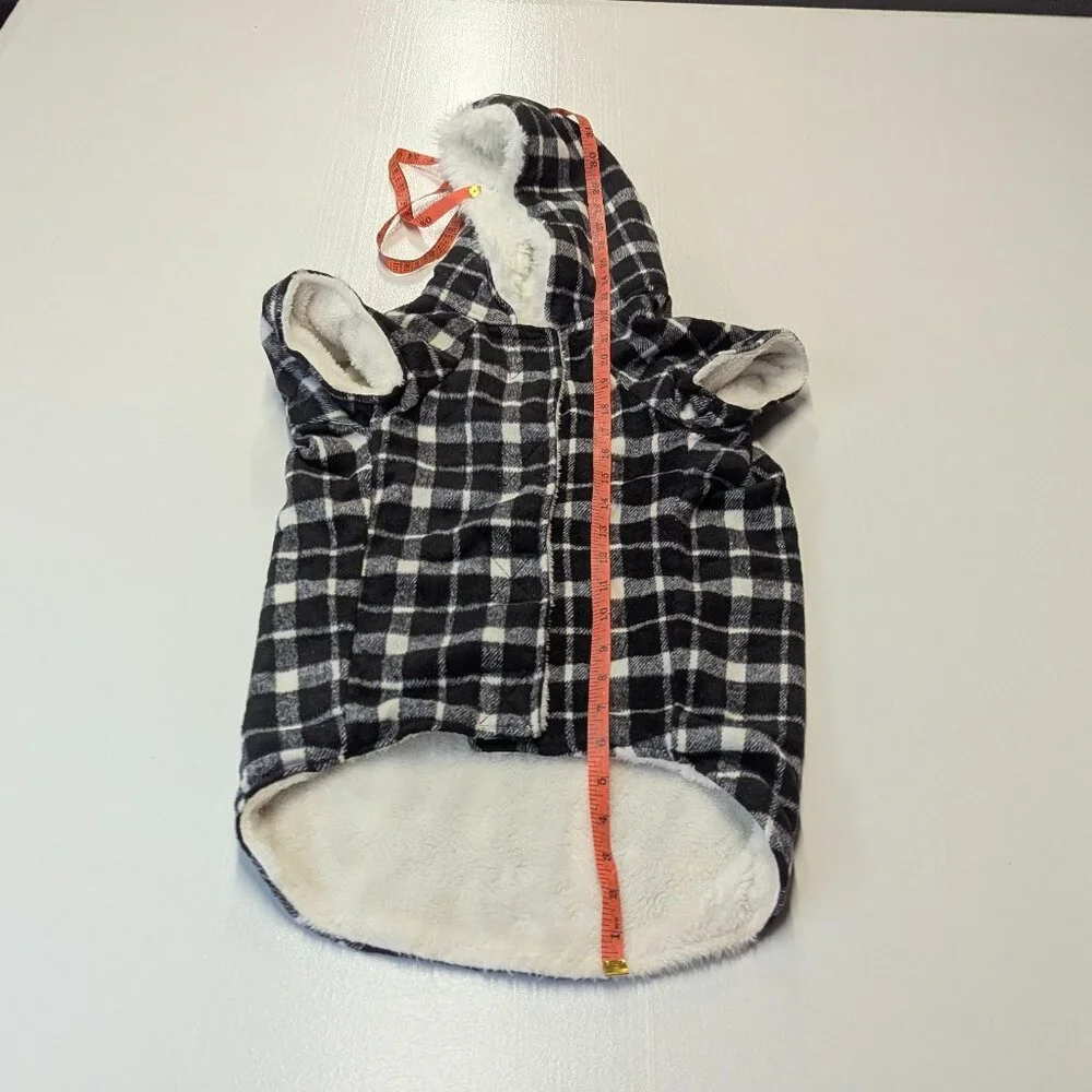 Flannel Hooded Dog Shirt Size Large Black and White Plaid With Fuzzy Inside